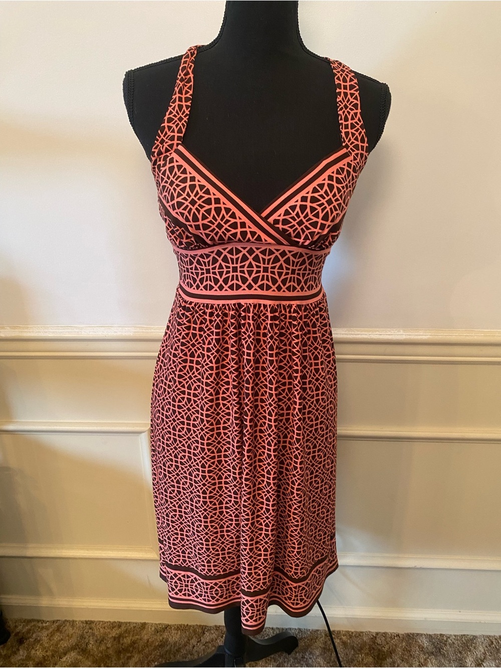 City Triangles Vintage Y2K Coral Pink and Brown Geometric Backless Halter Dress